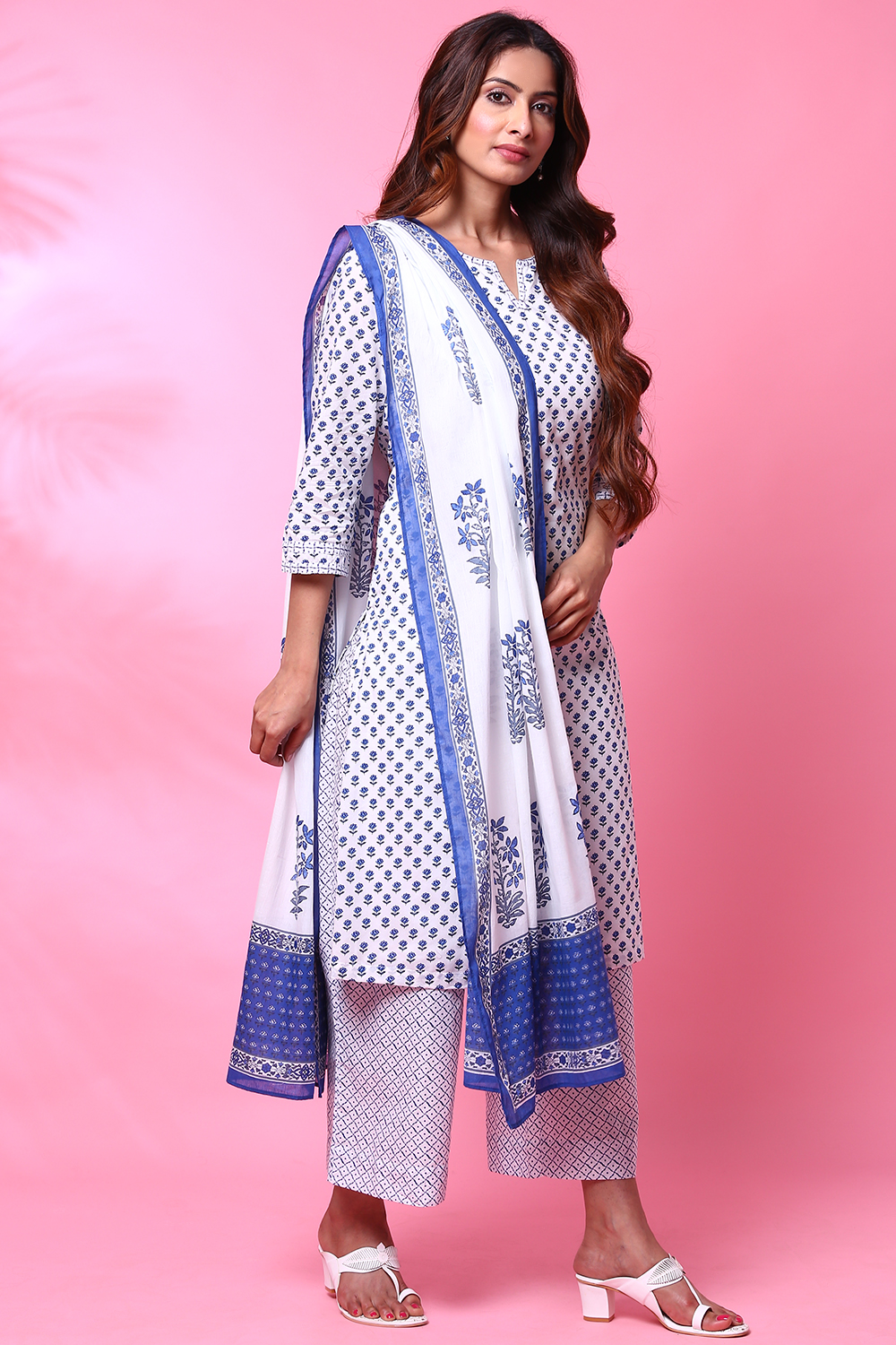 White Cotton Straight Kurta Palazzo Suit Set image number 5