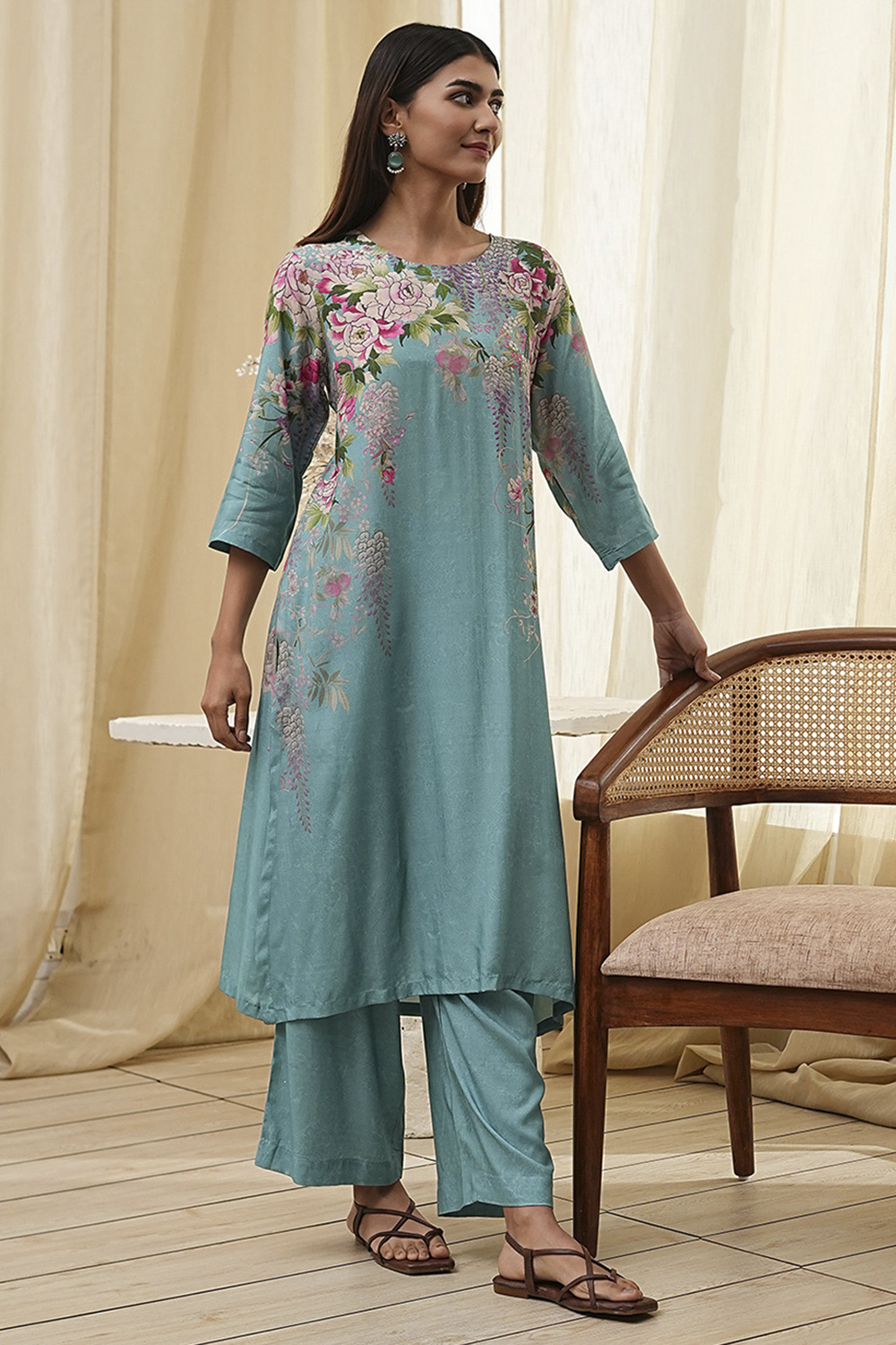 Blue Modal Blend Straight Suit Set image number 0