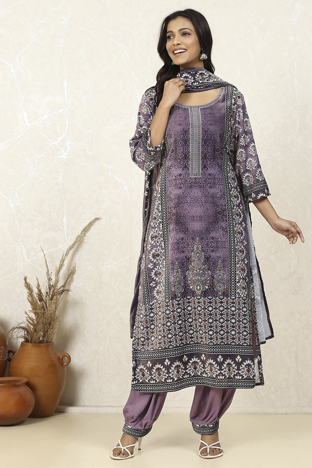 Lavender Velvet Digital Print Unstitched Suit Set image number 1