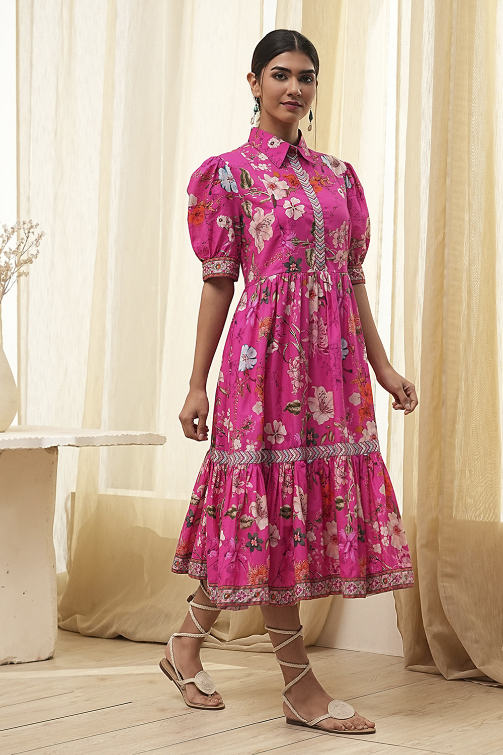 Pink Cotton Floral Printed Tiered Dress image number 4