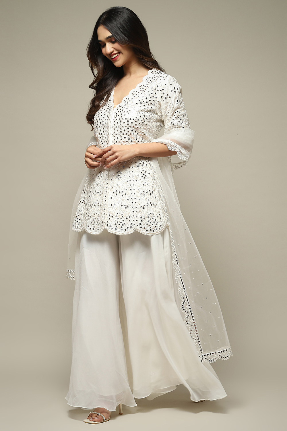 Off White Polyester Short Kurta Sharara Suit Set image number 4