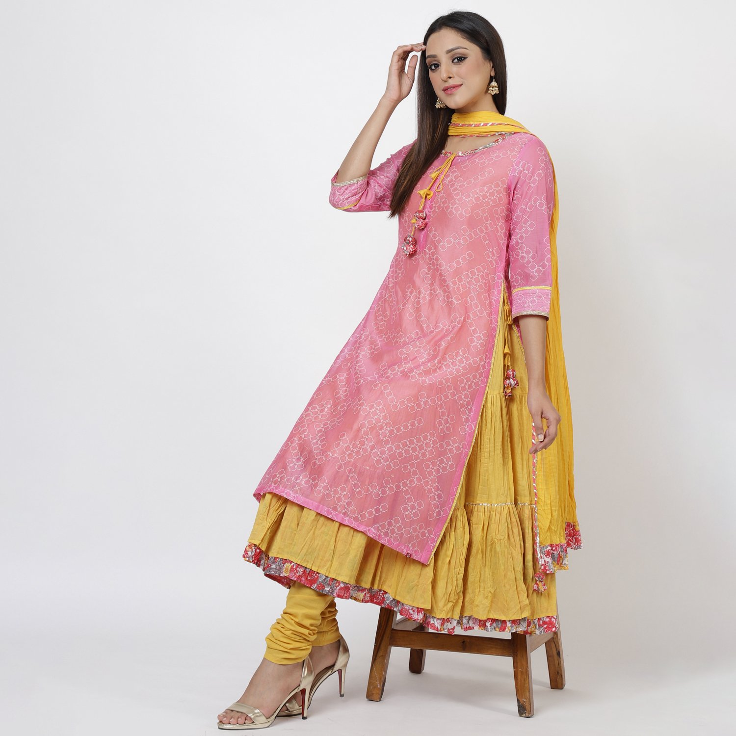 Pink Cotton A-Line Kurta Churidar Suit Set image number 0