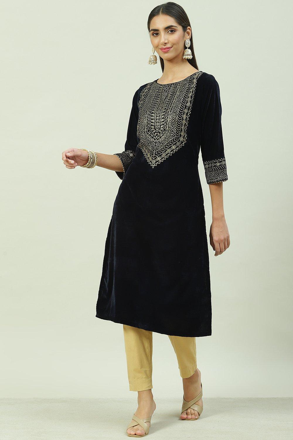 Navy Velvet Straight Printed Kurta image number 2