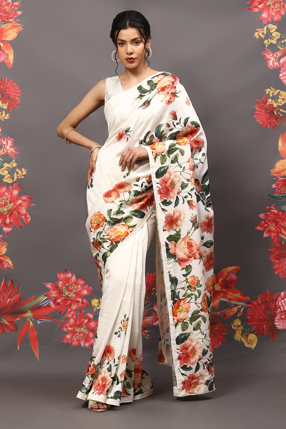 Rohit Bal Off White Cotton Blend Saree image number 5