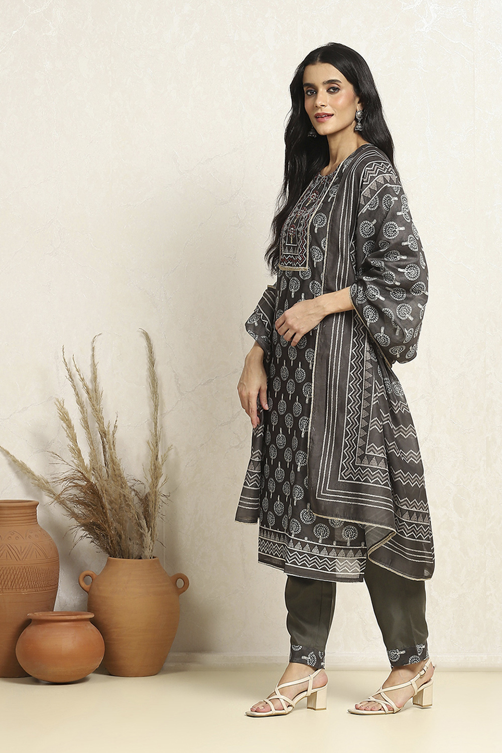 Slate Green Chanderi Printed Unstitched Suit Set image number 4