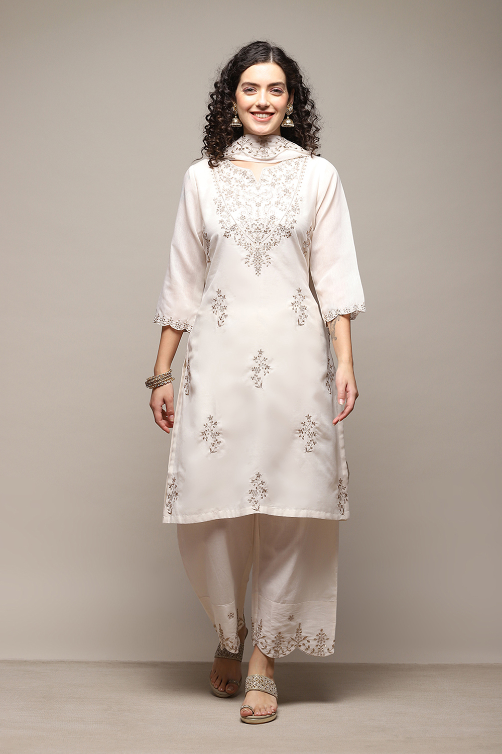 Off White Poly Cotton Straight Kurta Palazzo Suit Set image number 7