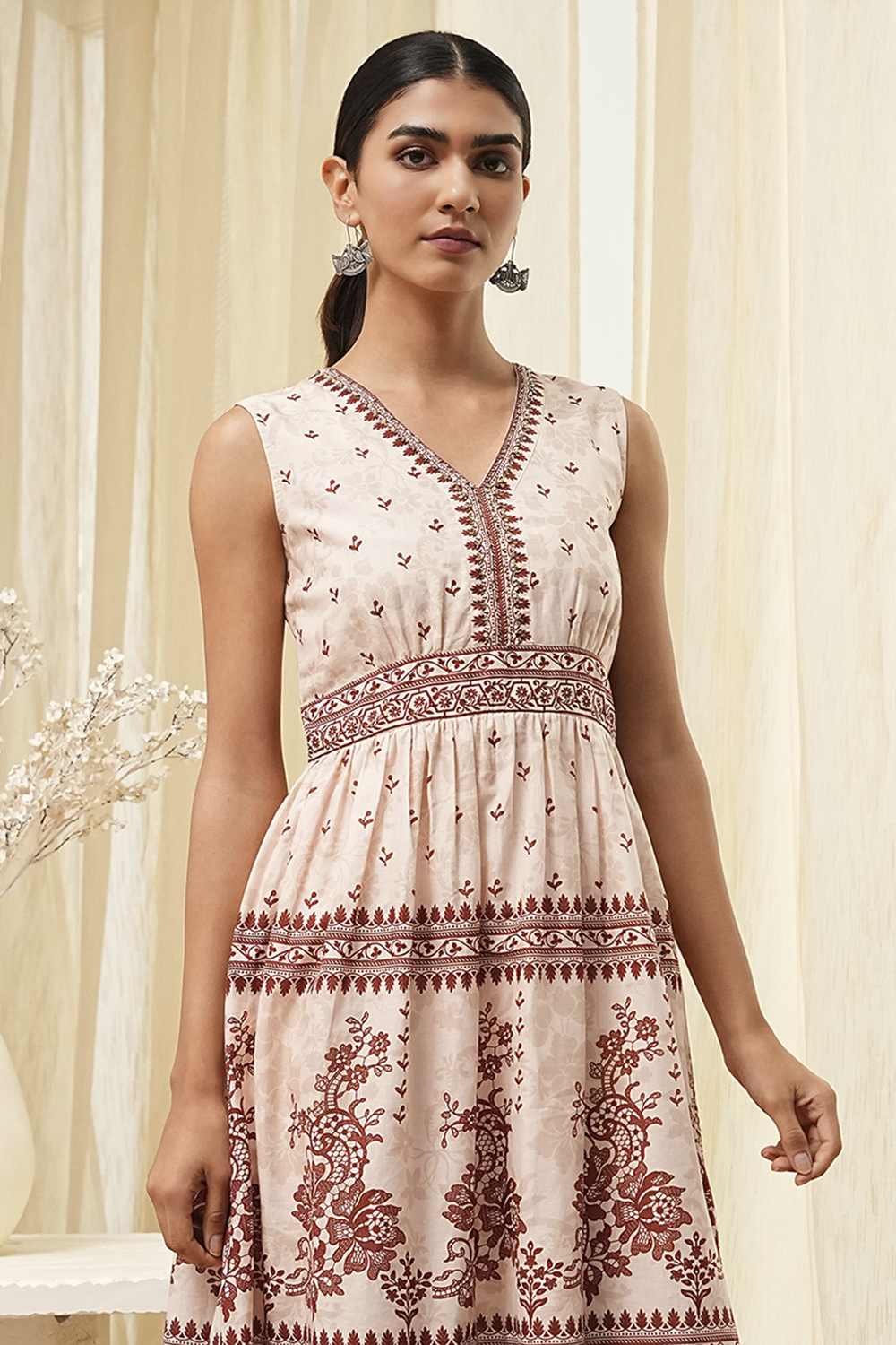 White-Rust Cotton Tiered Printed Dress image number 1