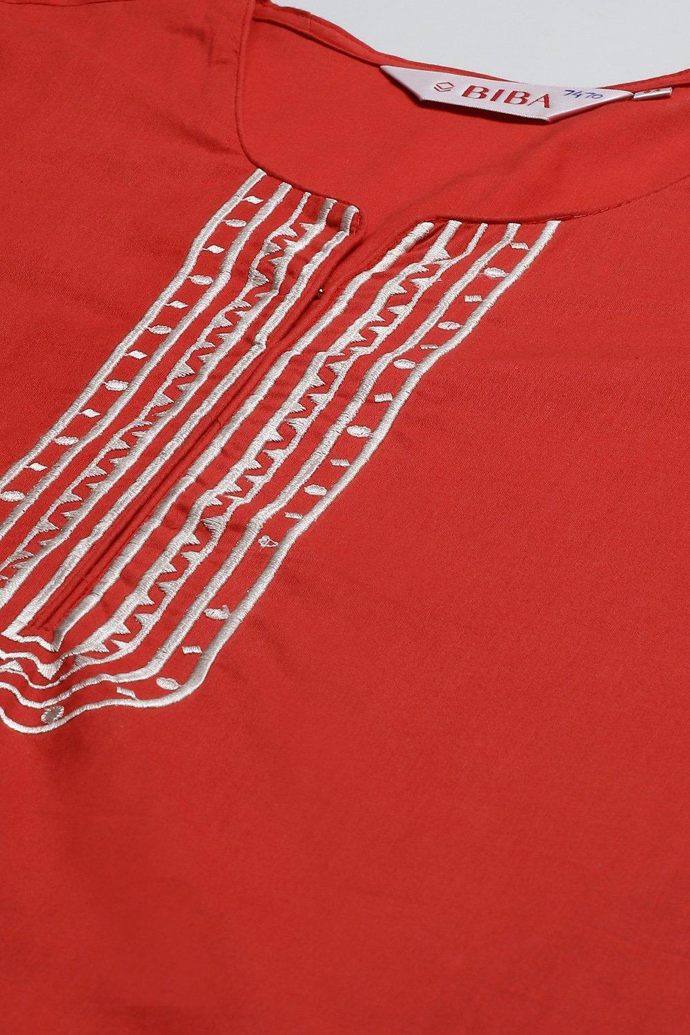 Red Solid Cotton Straight Kurta Regular Pants Suit Set image number 1