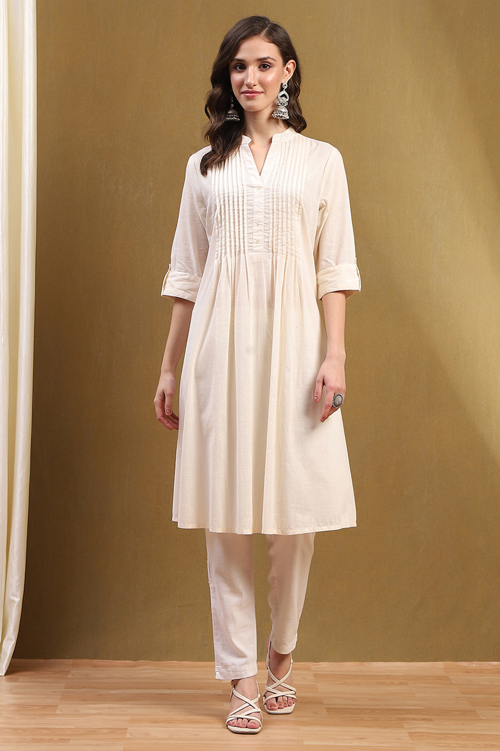 Pink Cotton Solid Pleated A-Line Kurta image number 5