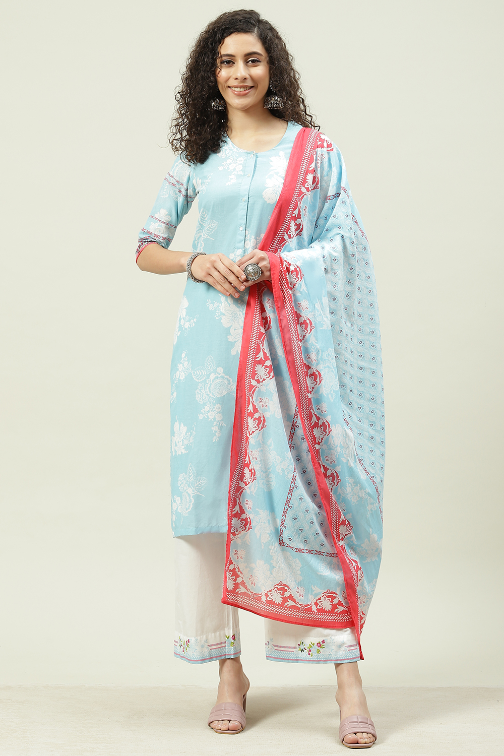 Pink Cotton Straight Kurta Palazzo Suit Set image number 0