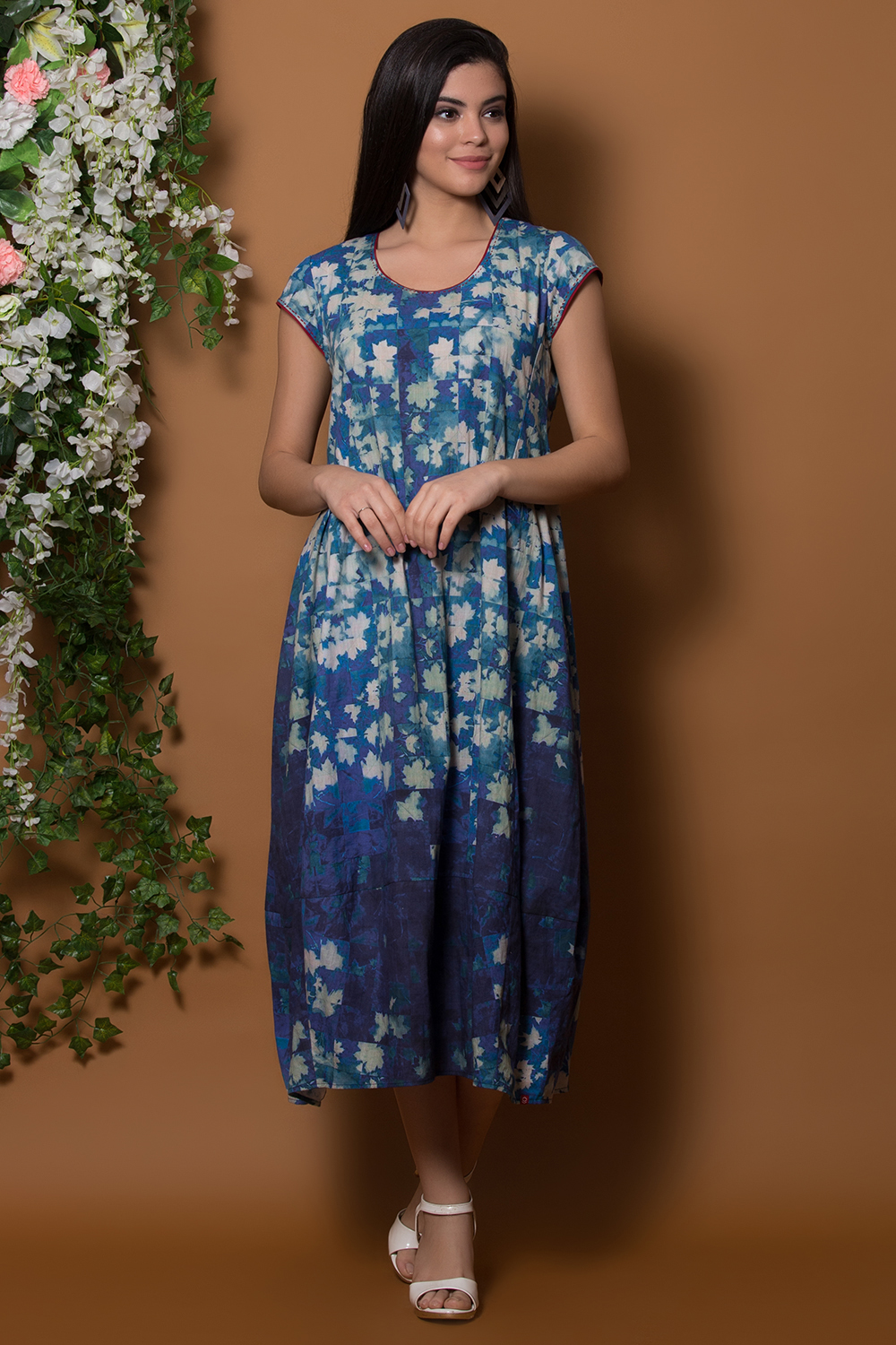 Blue Cotton A Line Dress By Anju Modi image number 2