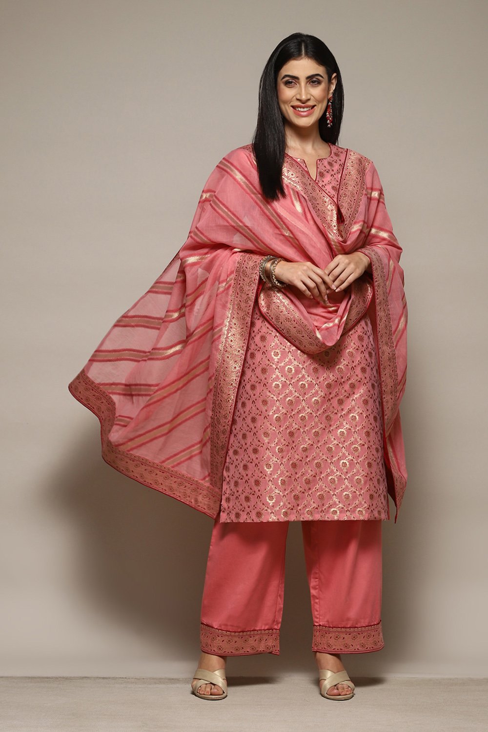 Blush Pink Cotton Yarn-Dyed Floral Straight Suit Set image number 0