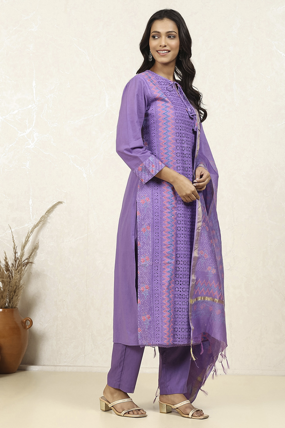 Purple Cotton Schiffly Unstitched Suit Set image number 6