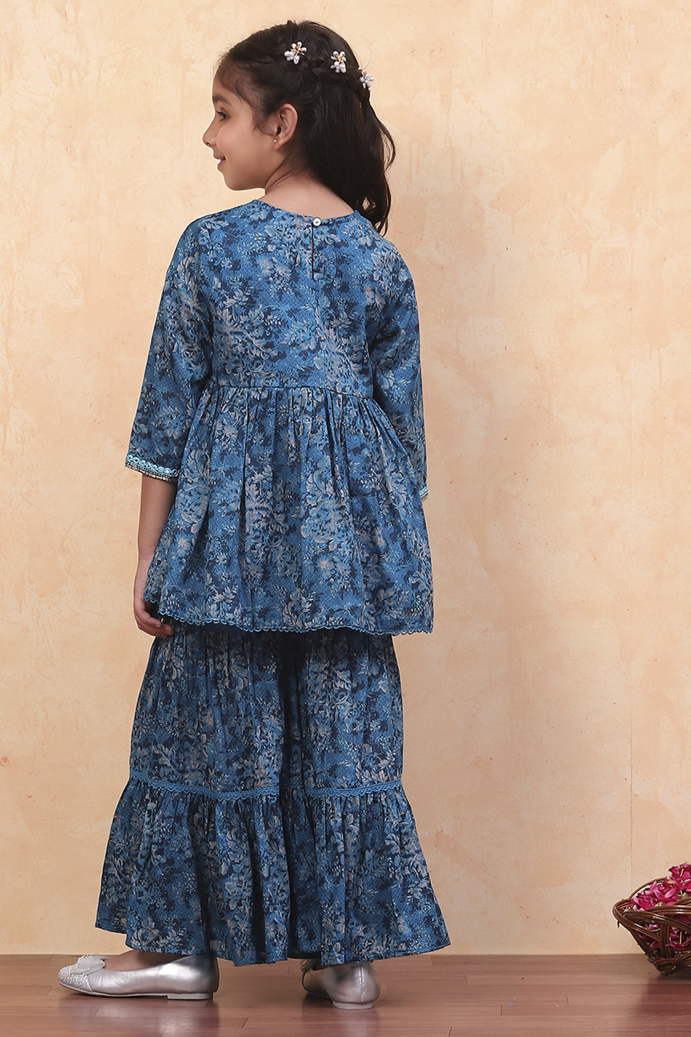 Blue Cotton Floral Printed Peplum Flared Suit Set image number 4