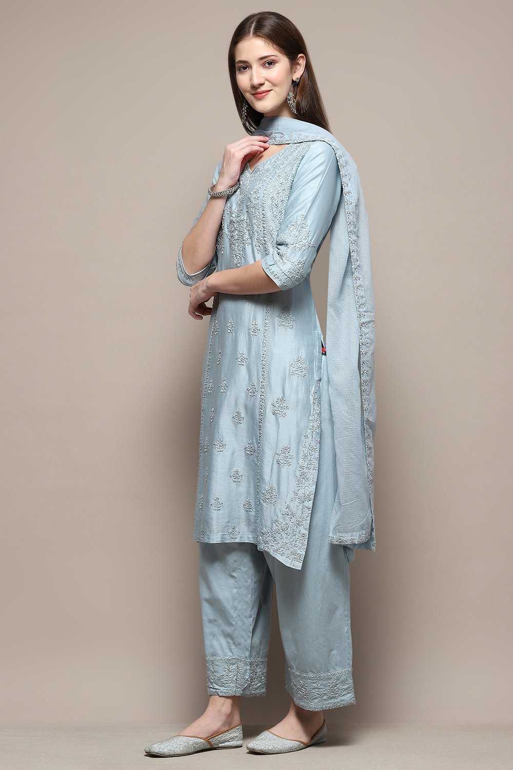 Ice Blue Embroidered Kurta & Palazzo Suit Set image number 4