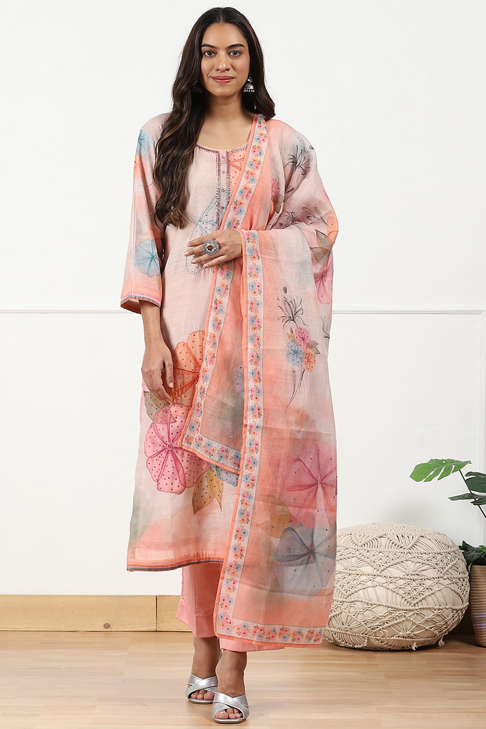 Peach-Colored Linen Printed Embroidered Unstitched Suit Set image number 1