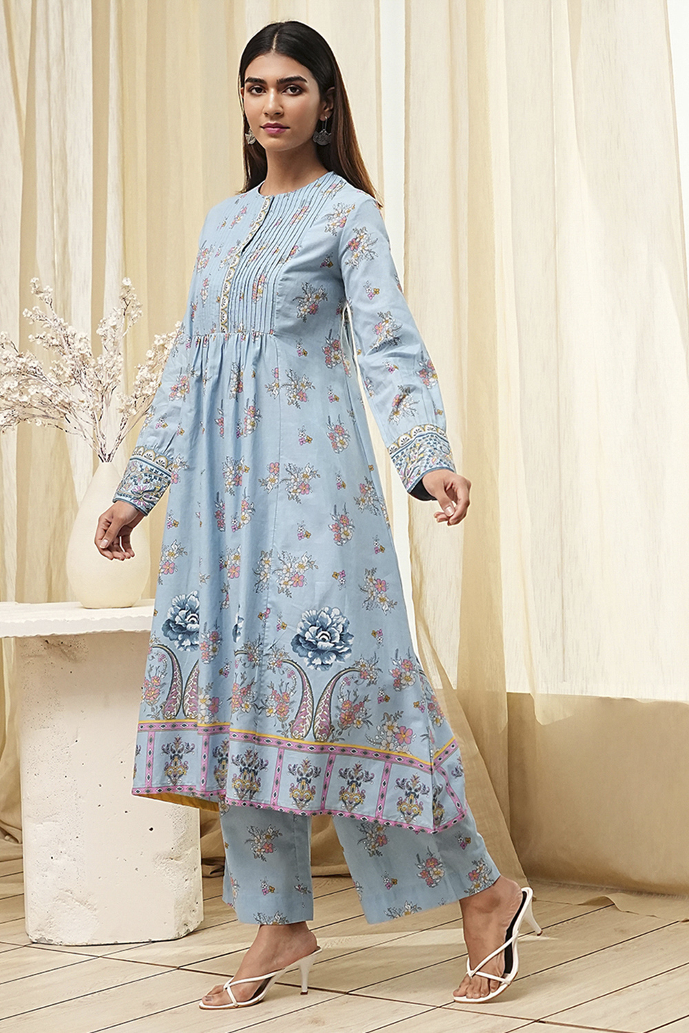 Dull Blue Cotton Flared Printed Fusion Set image number 3