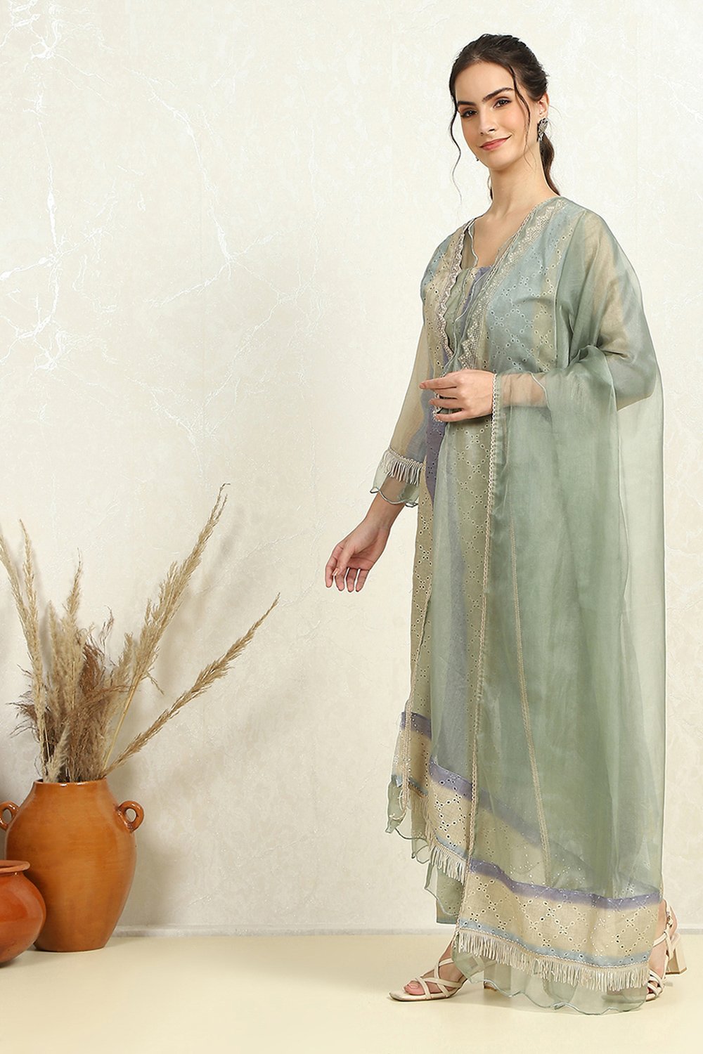 Green Cotton Blend Schiffly Unstitched Suit Set image number 2