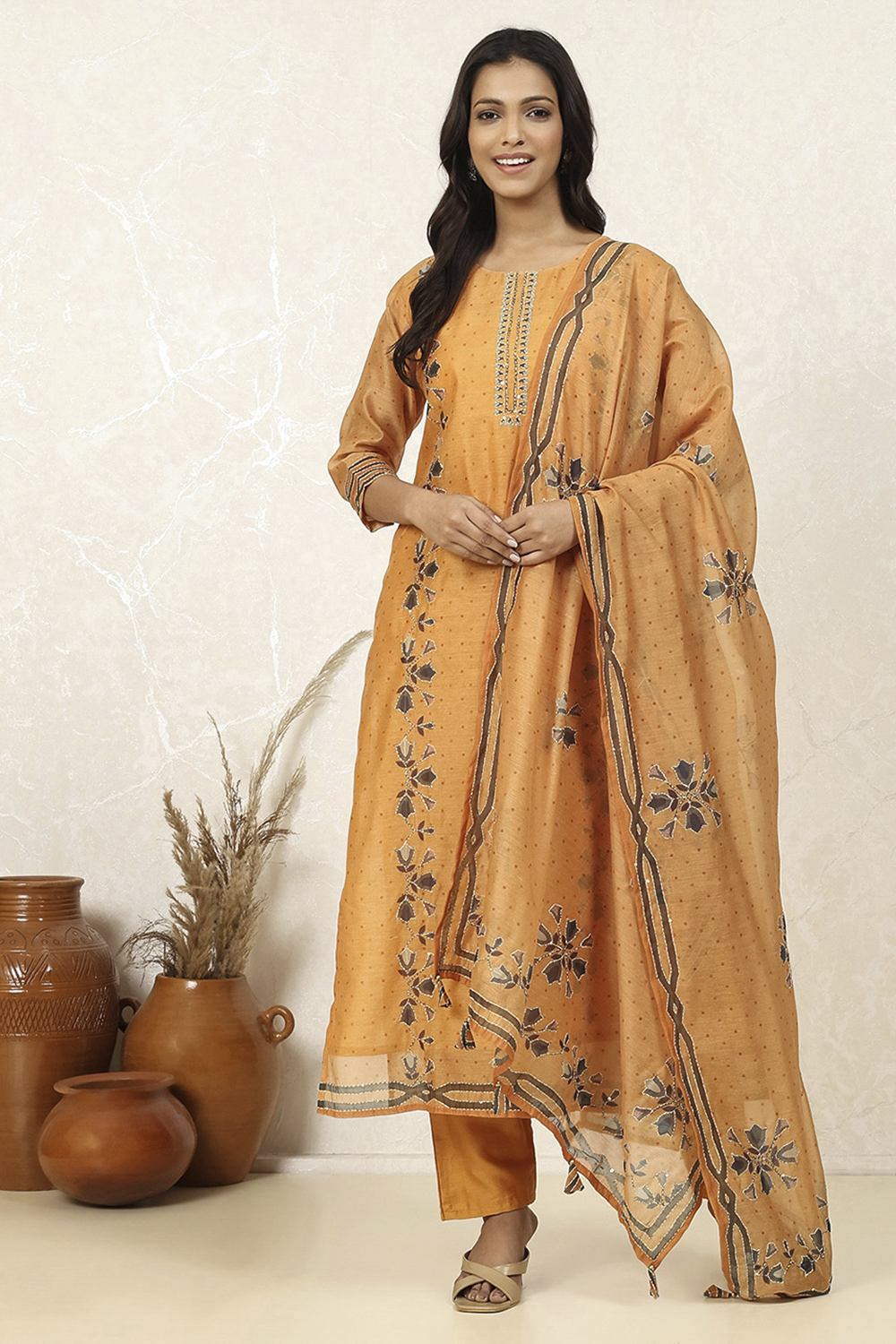 Yellow Chanderi Printed  Embroidered Unstitched Suit Set image number 1