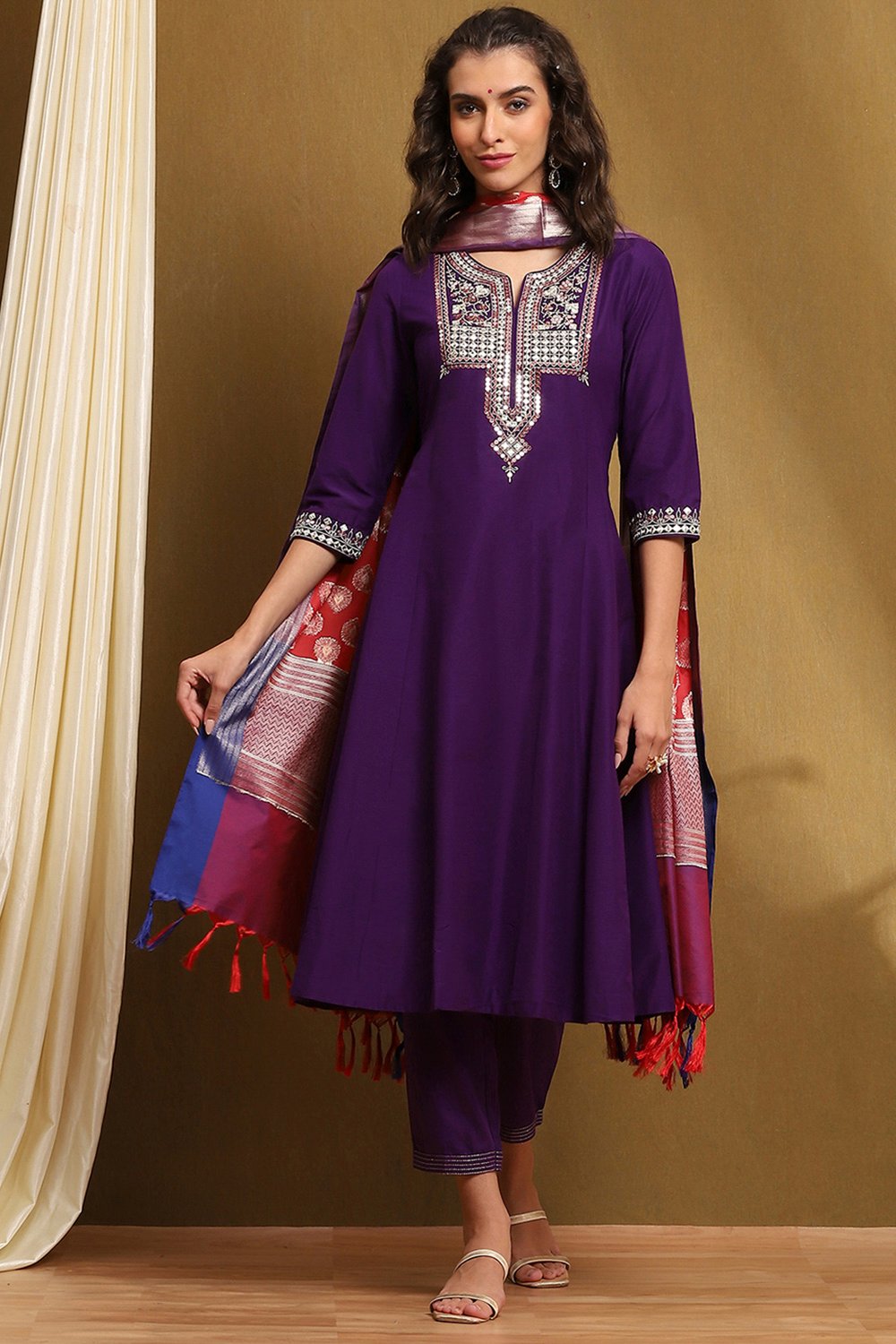 Purple Polyester Blend Kalidar Suit Set image number 0