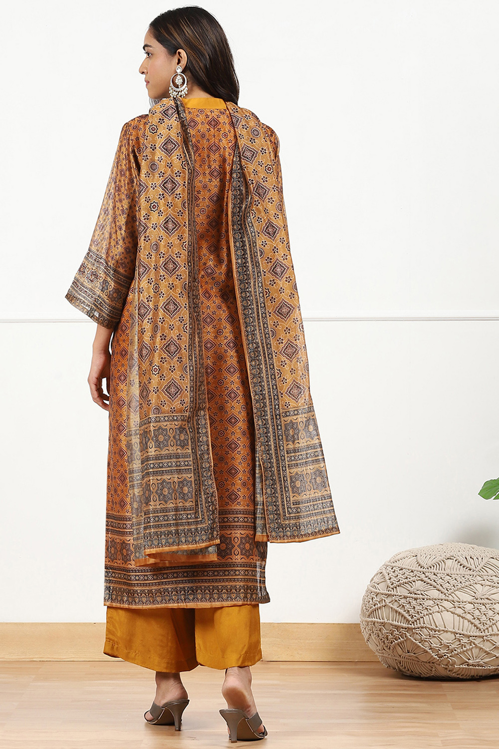 Mustard Yellow Chanderi Printed Unstitched Suit Set image number 3